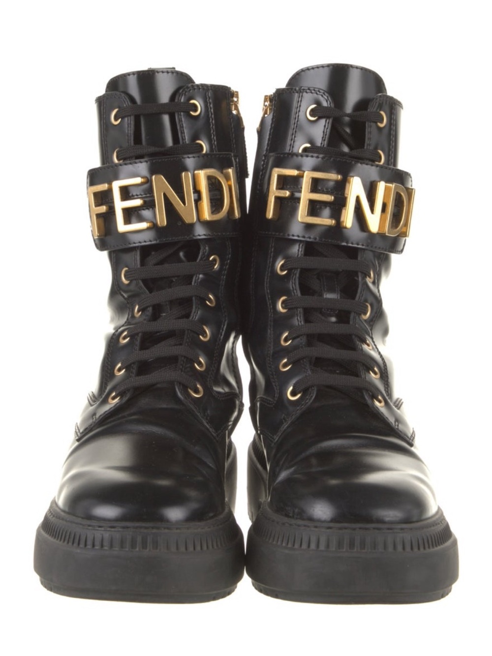 Fendi Black Leather Combat Boots with Gold Logo Strap